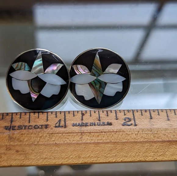 Abalone Earrings Alpaca Mexico Floral clip on vintage mother of pearl - Picture 8 of 8
